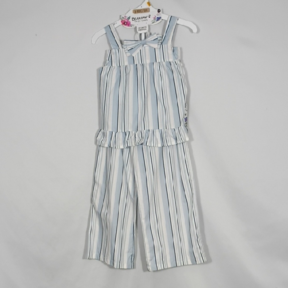 NWT BearPaw Blue and White Skyway Poplin 2 Pc Set With Hair Tie Girls Size 7/8